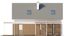Проект коттеджа с мансардой, двускатной крышей и деревянным фасадом