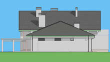 Современный двухэтажный коттедж с бордовой крышей сложной формы