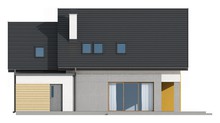 Проект современного стильного небольшого дома с мансардой, гаражом для 1 автомобиля