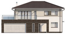 Проект двухэтажного дома с низкой крышей и гаражом для двух авто