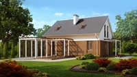 Проект коттеджа с мансардой, двускатной крышей и деревянным фасадом