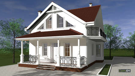 Проект белоснежного дома в два этажа с колоннами и балконами общей площадью 133 кв. м