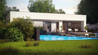 Проект одноэтажного стильного дома хай - тек с бассейном и гаражом на одну машину