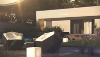 Проект одноэтажного стильного дома хай - тек с бассейном и гаражом на одну машину