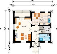 Небольшой коттедж с компактным крыльцом и тремя комнатами