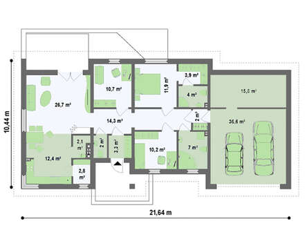Проект одноэтажного коттеджа площадью 165 кв.м. с гаражом для двух авто