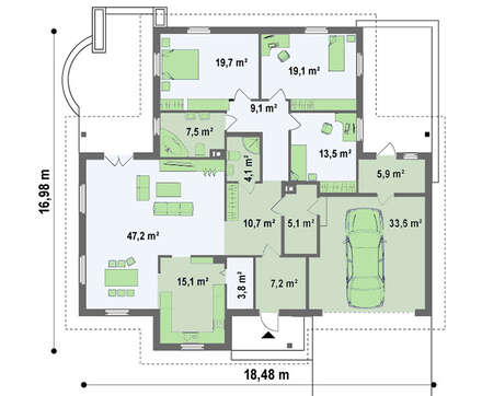 Просторный одноэтажный коттедж с гаражом для двух машин