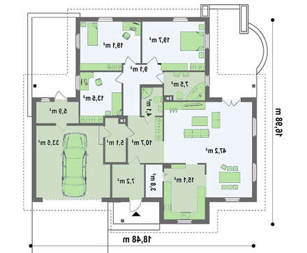 Просторный одноэтажный коттедж с гаражом для двух машин