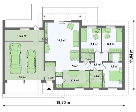 Проект одноэтажного коттеджа площадью 156 м² с гаражом для 2 авто