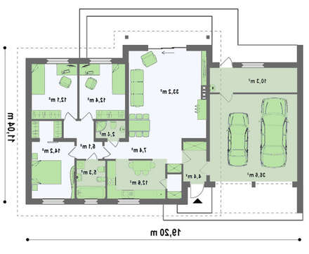 Проект одноэтажного коттеджа площадью 156 м² с гаражом для 2 авто