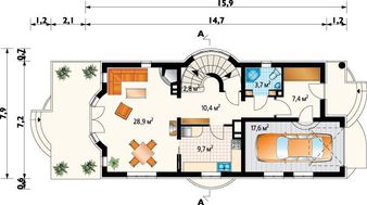 Двухэтажный коттедж с полукруглым эркером