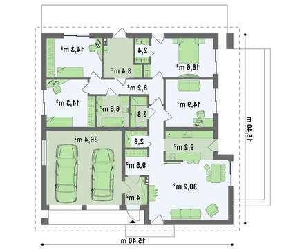 Проект одноэтажного дома с 4 спальнями и гаражом для 2 авто