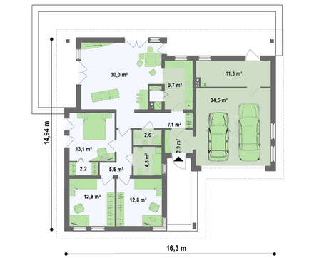 Проект функционального одноэтажного коттеджа с гаражом для 2 автомобилей
