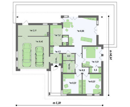 Проект функционального одноэтажного коттеджа с гаражом для 2 автомобилей