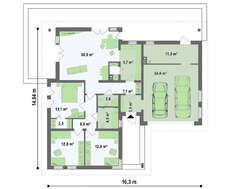 Проект функционального одноэтажного коттеджа с гаражом для 2 автомобилей