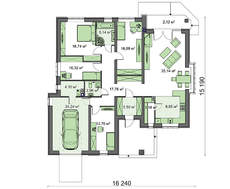 Проект одноэтажного коттеджа с гаражом и 4 уютными спальнями