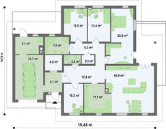 Проект классического светлого одноэтажного дома с многоскатной крышей и гаражом для 1 автомобиля