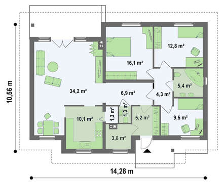 Проект одноэтажного дома с многоскатной крышей