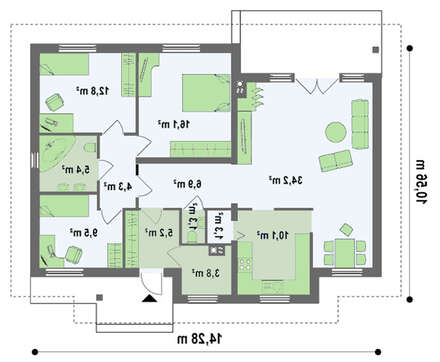 Проект одноэтажного дома с многоскатной крышей