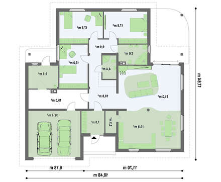 Проект одноэтажного коттеджа с гаражом для 2 машин