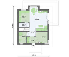 Проект небольшого аккуратного дачного дома с мансардой и двускатной крышей