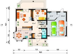 Проект для строительства симпатичного дома с гаражом на 2 авто и угловым эркером