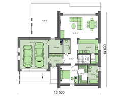 Небольшой двухэтажный коттедж с панорамным окном в гостиной