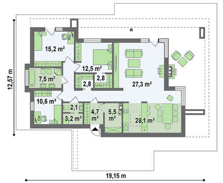 Одноэтажный модерновый дом для узкого участка