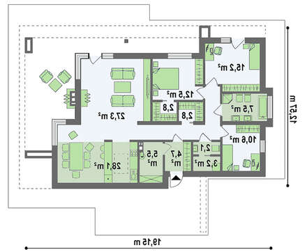 Одноэтажный модерновый дом для узкого участка