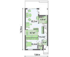 Проект энергосберегающего дома для узкого участка площадью 127 m²