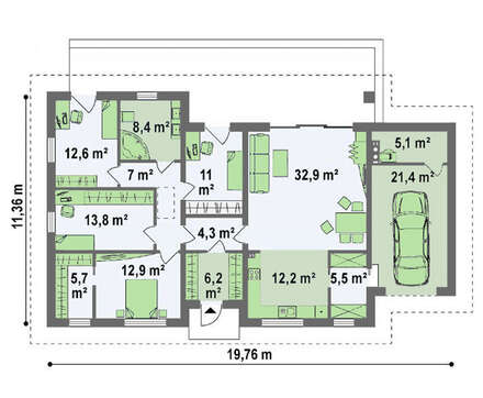 Одноэтажный коттедж для узкого участка