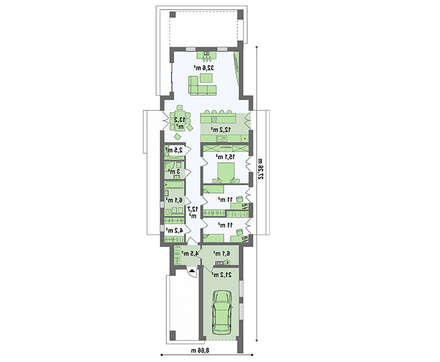 Модерновый одноэтажный дом для узкого участка