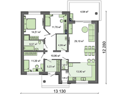 Проект одноэтажного коттеджа с тремя спальнями и двускатной крышей