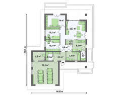 Проект классического одноэтажного коттеджа с гаражом на две машины площадью до 150 m²