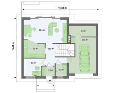 Проект одноэтажного дома с мансардой, гаражом и зеленой крышей