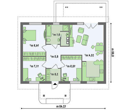Проект простого одноэтажного дома, выполненного в классическом стиле с двускатной кровлей