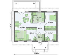 Проект простого одноэтажного дома, выполненного в классическом стиле с двускатной кровлей