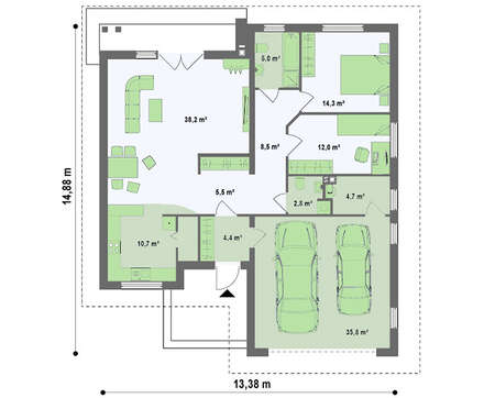 Проект большого одноэтажного коттеджа с гаражом для двух авто
