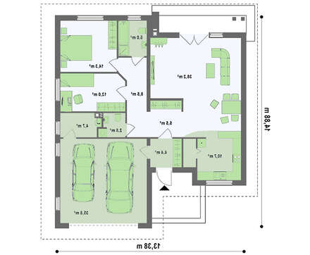 Проект большого одноэтажного коттеджа с гаражом для двух авто