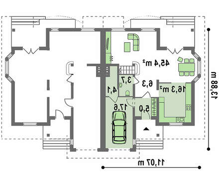 Проект коттеджа на две семьи с гаражом и чердаком