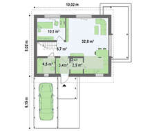 Проект коттеджа с мансардой, двускатной крышей и деревянным фасадом