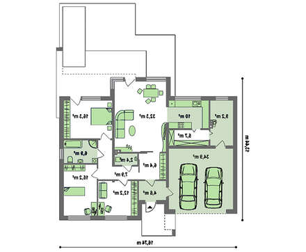 Проект современного дома с плоской крышей и гаражом для двух авто