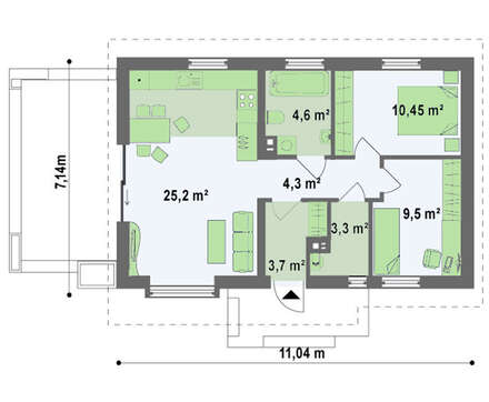 Проект небольшого классического одноэтажного дома