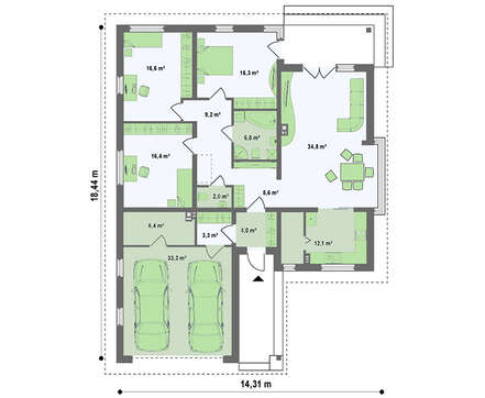 Проект одноэтажного коттеджа с гаражом и кирпичным фасадом