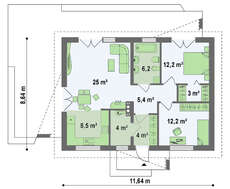 Проект классического одноэтажного загородного дома с мансардой и двускатной крышей