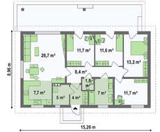 Проект одноэтажного дома общей площадью 126 кв.м.