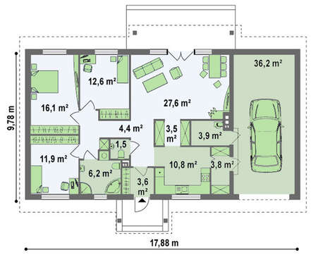 Проект одноэтажного загородного коттеджа с гаражом