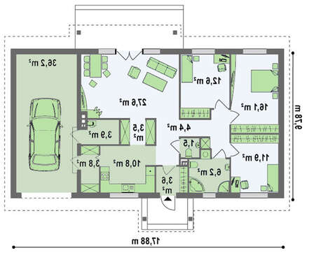 Проект одноэтажного загородного коттеджа с гаражом