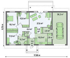 Проект одноэтажного загородного коттеджа с гаражом