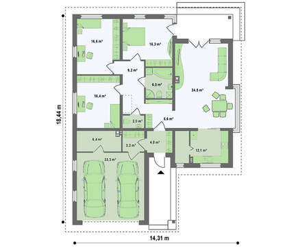 Проект одноэтажного коттеджа с гаражом для двух автомобилей